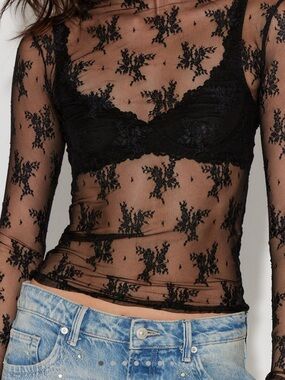 Abercrombie Sheer Mesh Black Lace Long-Sleeve Top